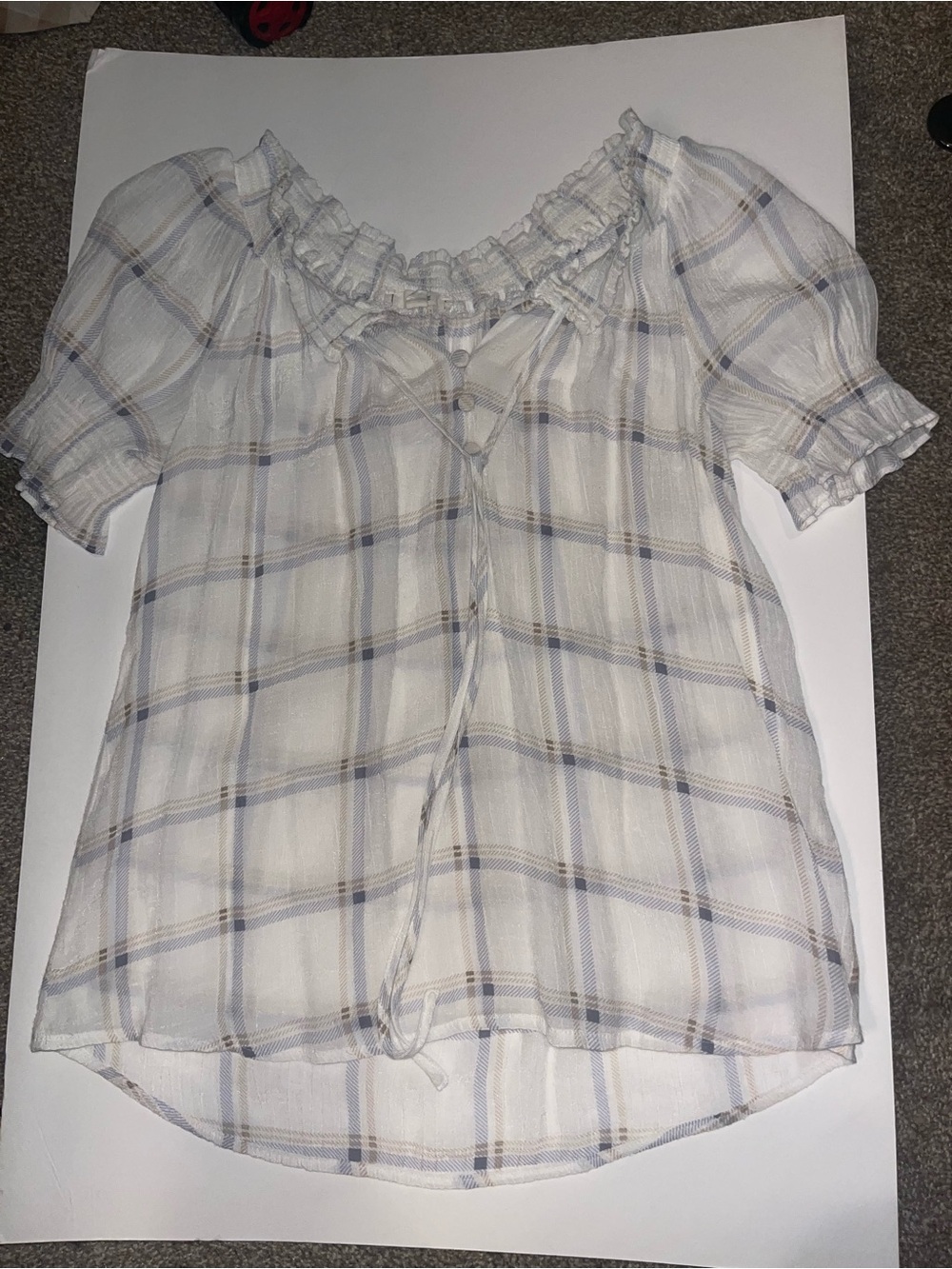 mine White Plaid Top with Blue & Tan Stripes